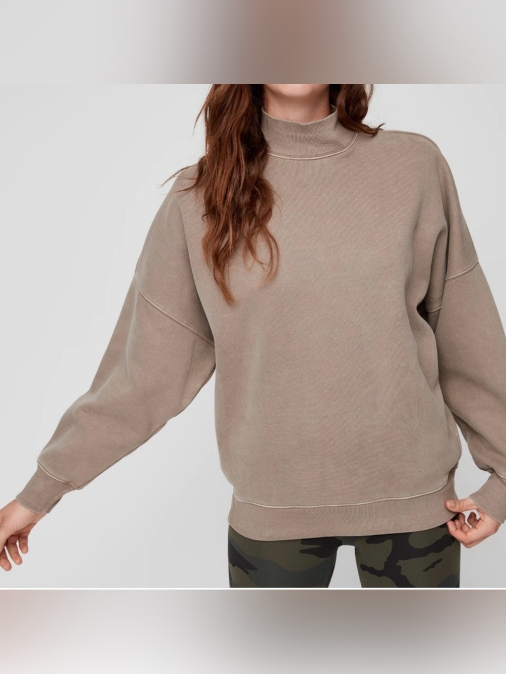 TNA Aritzia Cozy Fleece Taupe Mock-Neck Sweater